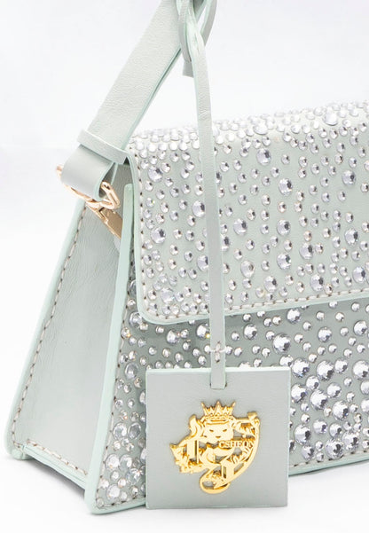 Pastel Blue Rhinestone Flap Bag in Genuine Lambskin Leather