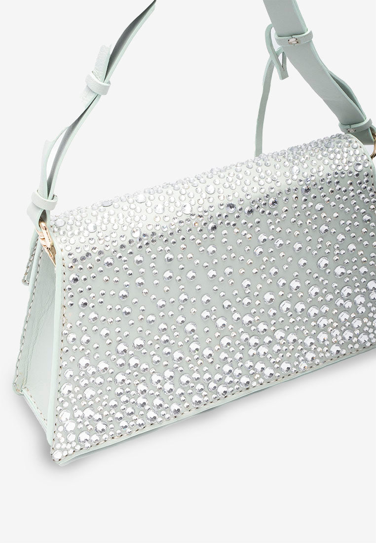 Pastel Blue Rhinestone Flap Bag in Genuine Lambskin Leather